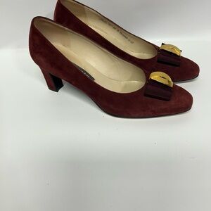 Bally Maroon Suede Heels with Gold Accent